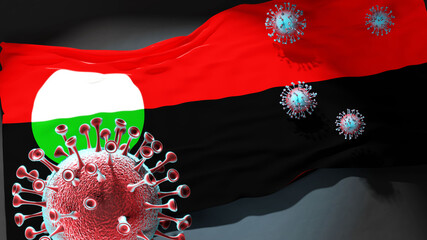 Covid in Cegrane Macedonia - coronavirus attacking a city flag of Cegrane Macedonia as a symbol of a fight and struggle with the virus pandemic in this city, 3d illustration