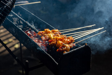 Chicken satay on traditional charcoal fire. satay on fire with smoke and an appetizing look. hands cooking satay on the grill