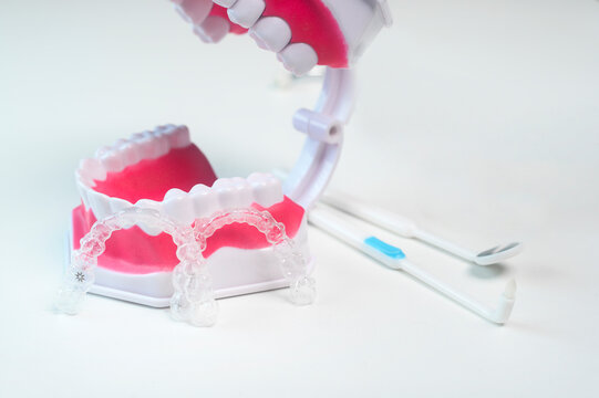 Invisalign braces and tools for dental care, dental healthcare and Orthodontic concept.