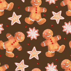 Materiał do szycia Gingerbread pastry watercolor seamless pattern Christmas wallpaper