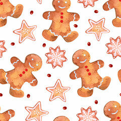 Materiał do szycia Gingerbread pastry watercolor seamless pattern Christmas wallpaper