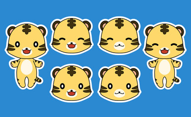 白いフチのついたトラのキャラクターの全身と顔のイラストセット