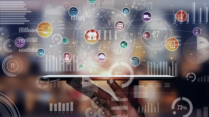 Omni channel technology of online retail business conceptual . Multichannel marketing on social media platform offer service of internet payment channel, online retail shopping and omni digital app.