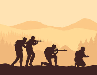 Fototapeta na wymiar military squad silhouettes scene