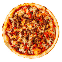 Isolated pizza with minced meat and tomatoes on white background