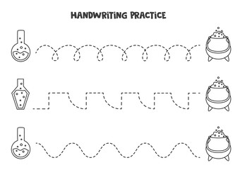 Tracing lines with cute black and white potions. Writing practice.