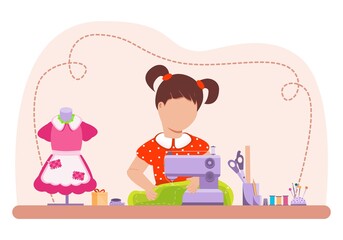 Sewing. Girl seamstress. Creative craft concept for work and hobby. A type of manual labor. Textile. Flat cartoon style. Vector. - obrazy, fototapety, plakaty
