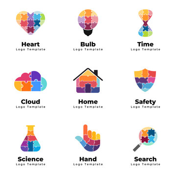 Puzzle vector logo templates set. Heart medical sign. Hourglass time concept. Light bulb idea. Internet web icons. Scientific experiment. Finger click. Search magnifier. Family house. 