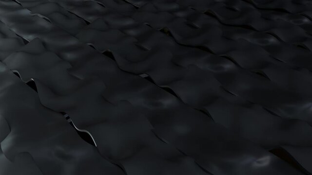 Futuristic curved 3d render carbon steel textures. Wide deformed lines with straight creases and curvature. Unrolled old rolls of crumpled abstract rubber with distorted mechanical tracery