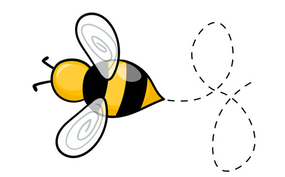 Cartoon bee mascot. A small bees flying on a dotted route. Wasp collection. Vector characters. Incest icon. Template design for invitation, cards. Doodle style