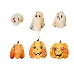 Halloween set watercolor illustration pumpkin ghost  isolated on white background 