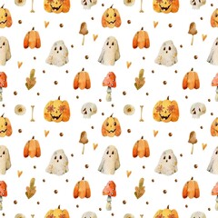 Halloween illustration watercolor pumpkin, spooky ghost seamless pattern hand drawn on  white background