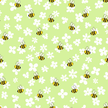 Seamless pattern with bees and flowers on color background. Small wasp. Vector illustration. Adorable cartoon character. Template design for invitation, cards, textile, fabric. Doodle style