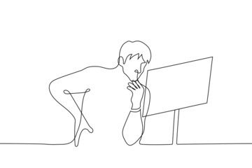 man bent down with interest and looked into the music stand - one line drawing. man scratching his chin studying looking at a horizontal screen