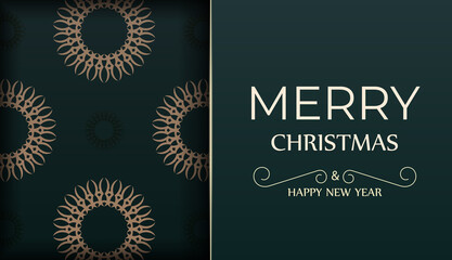 Festive Brochure Merry Christmas and Happy New Year in dark green color with winter yellow ornament
