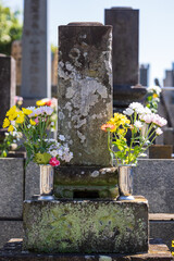 Fototapeta na wymiar 花を手向けられた古い墓
