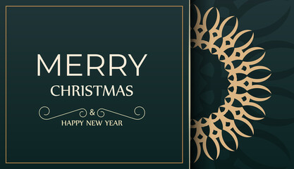 Festive Brochure Merry Christmas and Happy New Year in dark green color with abstract yellow ornament