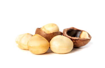 Macadamia nuts healthy nutrition food on white background