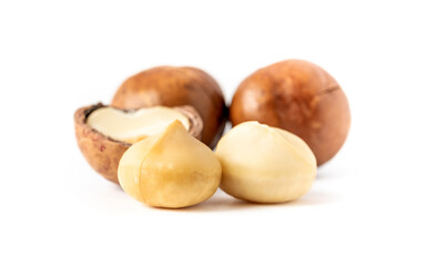 Macadamia nuts healthy nutrition food on white background
