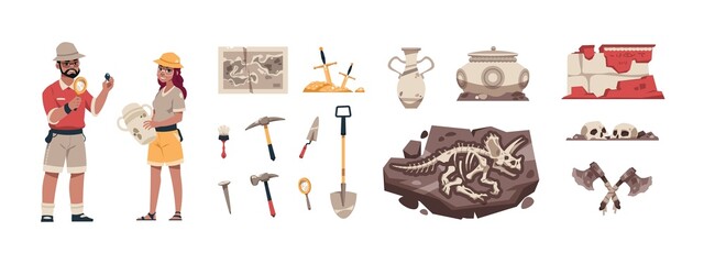 Cartoon paleontology. Ancient fossil with bones and treasures. Archaeologists dig up artifacts. Explorers search dinosaur skeletons. Historical excavation. Vector study and science set © SpicyTruffel