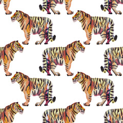 Fototapeta na wymiar Seamless pattern watercolor hand-drawn abstract tiger wild cat isolated on white. Chinese symbol new year. Orange animal with black stripes. Creative background for christmas, celebration