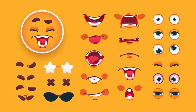 Emoticon kit. Yellow emoticon avatar constructor with funny emotions and cheerful smiling expressions. Isolated mouths and eyes mockup set for decoration. Vector cartoon character