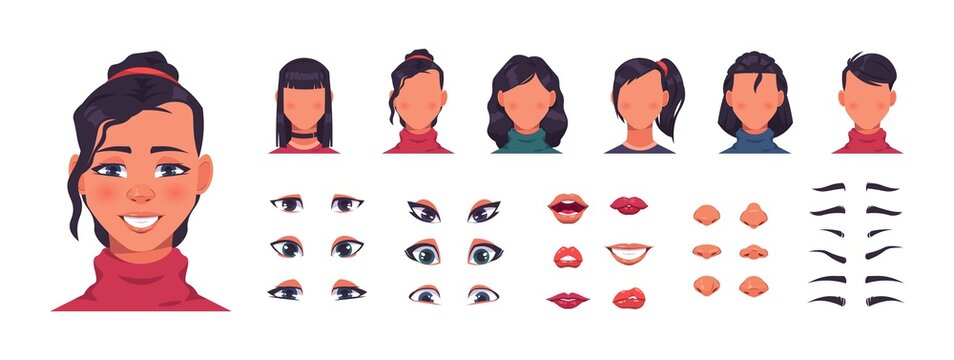 Woman face constructor. Female character avatar kit with hair and facial shapes. Eyes with eyebrows, nose and lips collection. Hairstyle creator. Vector cartoon portrait elements set