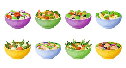 Vegetable salad. Cartoon bowls with healthy lettuce leaves and sauces. Summer light breakfast. Tomato and fish pieces diet mix. Cutting eggs or meat in plates. Vector tasty snacks set