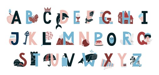 Kids alphabet. Childish English letter pack with funny drawings for learning. Uppercase language signs collection. Typography text symbols and sketch. Vector ABC characters education set
