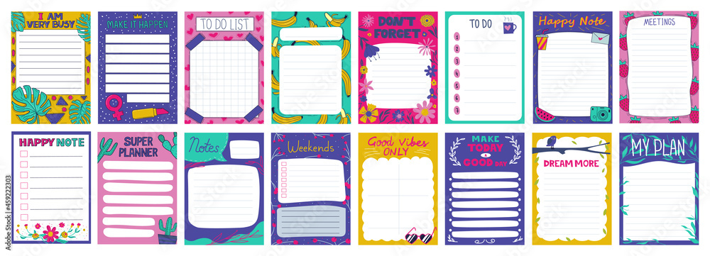 Poster cute agenda. notepad pages with weekly planner. to do list template. scrapbook and journal sheets. r