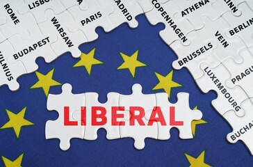 The EU flag has city name puzzles and puzzles with the words - Liberal
