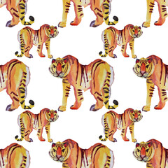 Fototapeta na wymiar Seamless pattern watercolor hand drawn abstract tiger wild cat isolated on white. Chinese symbol new year. Orange animal with black stripes. Creative background for christmas, celebration, wrapping