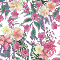 Watercolor painting seamless pattern with tropical pink flowers, leaves - 459223564