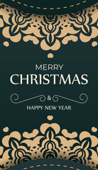 Merry christmas and happy new year flyer template dark green color with luxury yellow pattern