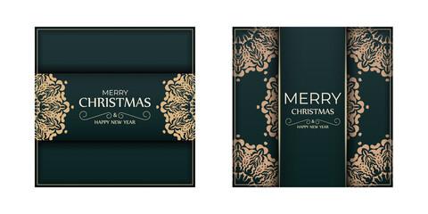 Merry christmas and happy new year flyer template in dark green color with vintage yellow ornament