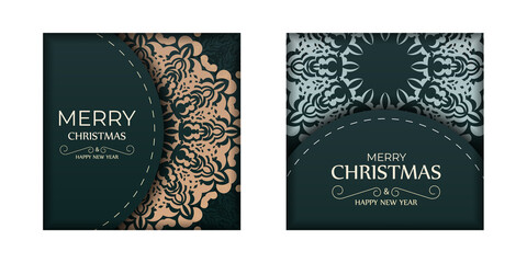 Merry christmas and happy new year flyer template dark green color with abstract yellow pattern