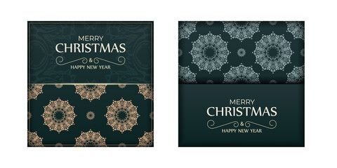 Merry christmas dark green flyer template with vintage yellow pattern