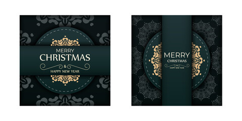 Merry christmas dark green color flyer template with winter yellow pattern