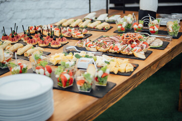 Buffet table of reception with cold snacks, meat and salads