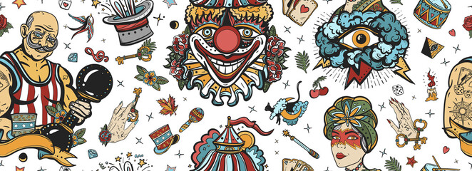 Circus. Old school tattoo seamless pattern. Clown, strong man with dumbbells, fortune teller woman, magic trick, rabbit in a magician hat. Traditional tattooing background