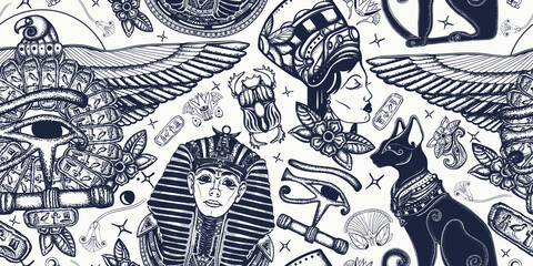 Golden pharaoh, eagle, black cats, queen Cleopatra, eye Horus. History art. Ancient Egypt seamless pattern. Old school tattoo style. Egyptian civilization background