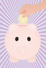 Hand put USD coin in piggybank. vector