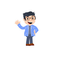 Little boy with glasses. Happy smart child waves his hand. Cute Character in blue clothes. Flat cartoon illustration