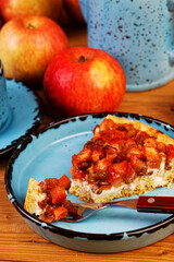 Closeup piece of homemade pie with apples, raisins and cinnamon. Shallow focus.