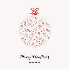 Christmas ball with branches of mistletoe. Xmas greeting card. Vector