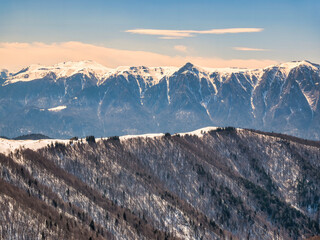 Bucegi Mountain range covered in snow in Romania. Winter landscape
