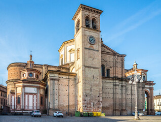 Fototapeta na wymiar View at the Cathedral of Saint Lawrence in the streets of Voghera Italy
