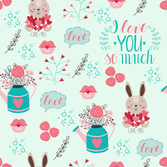 Seamless vector pattern with bunny, watering can with flowers, lettering and decorative elements. Illustration in simple cartoon hand-drawn style for printing onto fabrics, backgrounds and wallpapers.