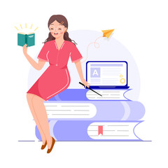 Online learning or distance education, e-learning or communication Technology concepts. Young woman teacher teaching through app. reading and sitting on pile of books. Flat vector illustration.