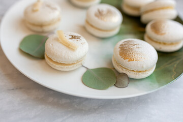 White macaroons are on a plate. Delicious light cookies on a plate on a light background. Bakery